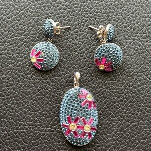 Sterling Silver 925 Blue & Purple Crystal Floral Design Pendant & Earrings